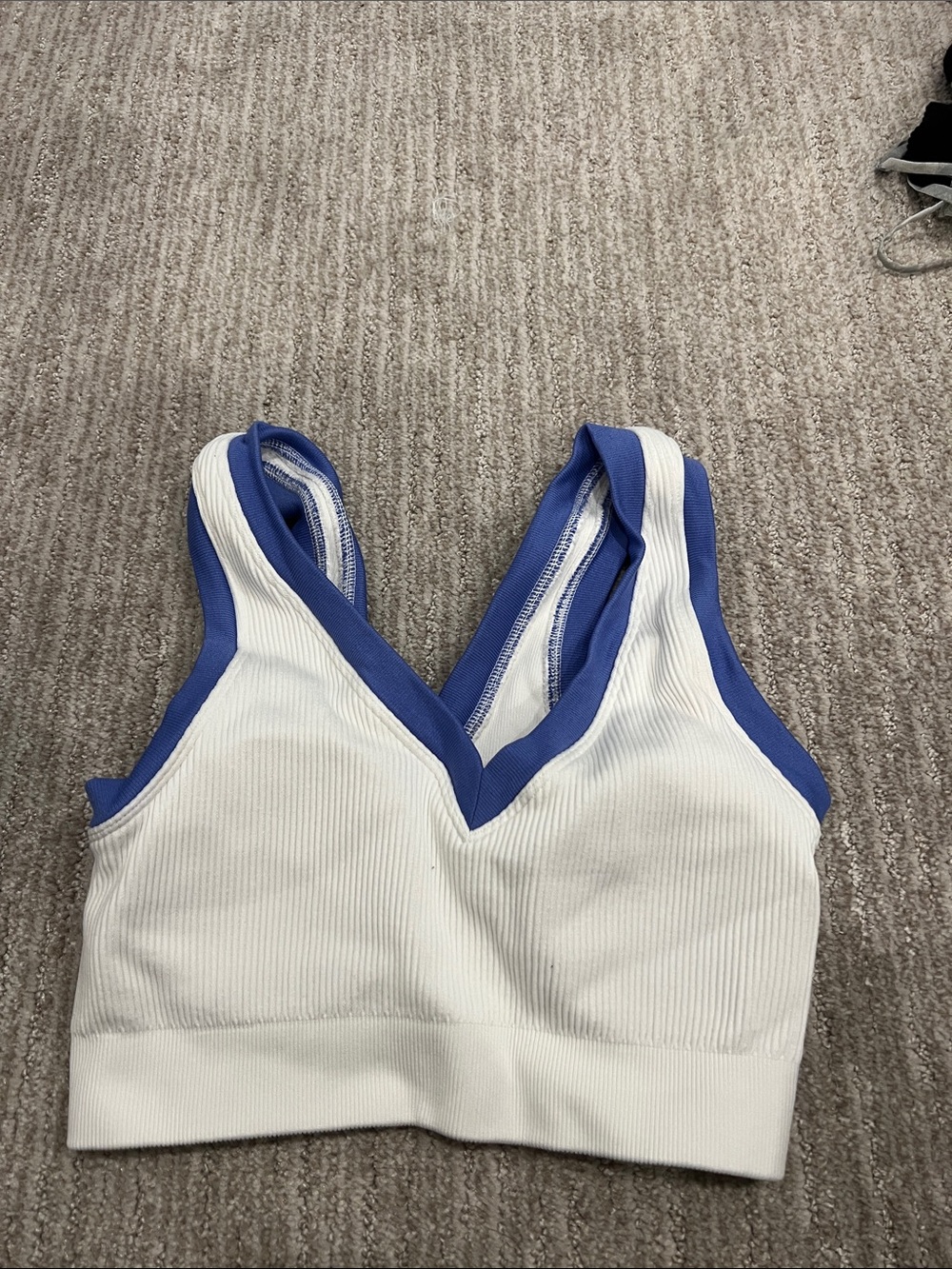 Aerie Ribbed V-Neck Top — White with Blue Trim